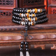 Indlæs billede til gallerivisning 108 Beads Obsidian Beaded Prayer Mala Rosary Bracelets Men Buddhist Buddha Meditation Tiger Eye Wood Bracelet  Handmadebynepal   