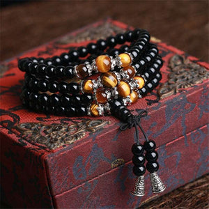 108 Beads Obsidian Beaded Prayer Mala Rosary Bracelets Men Buddhist Buddha Meditation Tiger Eye Wood Bracelet  Handmadebynepal   