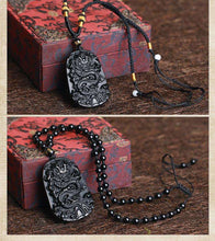 Carica l&#39;immagine nel visualizzatore di Gallery, Natural Black Obsidian Dragon Drop Pendant Amulet Lucky Maitreya Auspicious Necklace Jewelry for Women Men  genevierejoy   