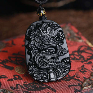 Natural Black Obsidian Dragon Drop Pendant Amulet Lucky Maitreya Auspicious Necklace Jewelry for Women Men  genevierejoy   