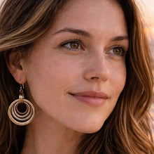Load image into Gallery viewer, Handmade Sunrise Earrings – Lightweight Mixed Metal Dangle Earrings – Hammered Brass, Copper &amp; Silver Tone Circles – Coastal Beach Jewelry, Bohemian Style with a Yoga Heart – A Great Gift for Women