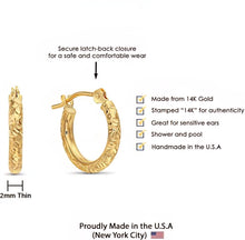 Load image into Gallery viewer, 14k Gold Hand Engraved Diamond-cut Round Hoop Earrings, (0.5 inch Diameter)
