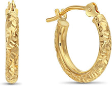 Load image into Gallery viewer, 14k Gold Hand Engraved Diamond-cut Round Hoop Earrings, (0.5 inch Diameter)