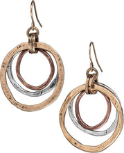 Load image into Gallery viewer, Handmade Sunrise Earrings – Lightweight Mixed Metal Dangle Earrings – Hammered Brass, Copper &amp; Silver Tone Circles – Coastal Beach Jewelry, Bohemian Style with a Yoga Heart – A Great Gift for Women