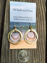 Load image into Gallery viewer, Handmade Sunrise Earrings – Lightweight Mixed Metal Dangle Earrings – Hammered Brass, Copper &amp; Silver Tone Circles – Coastal Beach Jewelry, Bohemian Style with a Yoga Heart – A Great Gift for Women