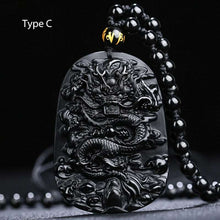 Cargar imagen en el visor de la galería, Black Obsidian Carved Dragon Lucky Amulets And Talismans Natural Stone Pendant With Free Beads Chain For Men Jewelry  Handmadebynepal   
