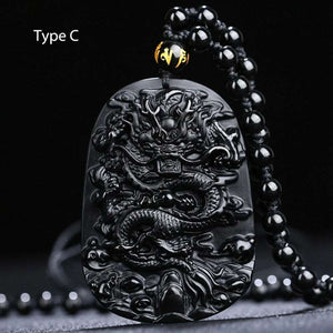 Black Obsidian Carved Dragon Lucky Amulets And Talismans Natural Stone Pendant With Free Beads Chain For Men Jewelry  Handmadebynepal   