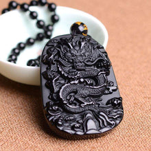 Laden Sie das Bild in den Galerie-Viewer, Black Obsidian Carved Dragon Lucky Amulets And Talismans Natural Stone Pendant With Free Beads Chain For Men Jewelry  Handmadebynepal   