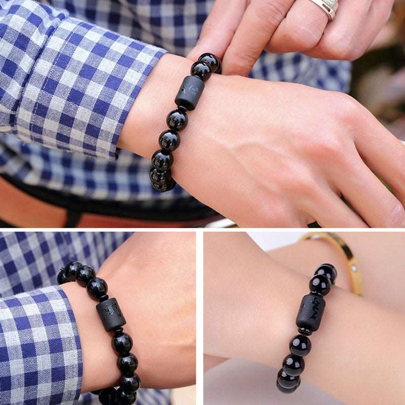 Black Obsidian Natural Stone Couple Bracelets For Men And Women Dragon Phoenix Totem Engrave Crystal Jewelry  Handmadebynepal   