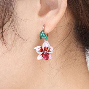 Classic New Flower Red Zircon Earrings Ladies Hypoallergenic Jewelry Leaf Flower Creative Earrings Handmade Enamel Jewelry  genevierejoy   