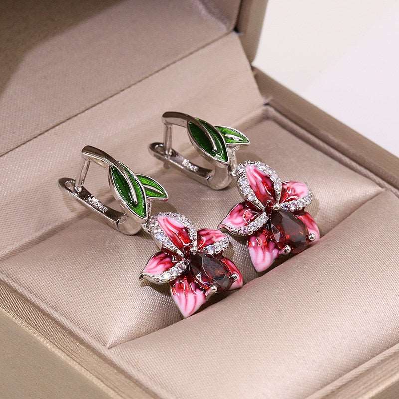 Classic New Flower Red Zircon Earrings Ladies Hypoallergenic Jewelry Leaf Flower Creative Earrings Handmade Enamel Jewelry  genevierejoy silver  