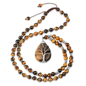 Handmadebynepal Natural Stones Beaded Tiger Eye Necklaces for Men women Tree of Life Pendants Yoga Beads 7 Chakra Reiki Female Jewelry  Handmadebynepal   