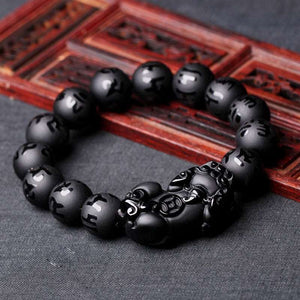 Handmadebynepal Natural Black Obsidian Matte PiXiu Beaded Bracelet Brave Troops Six-Word Mantra Bead Bangle Bracelets For Men Women Jewelry  Handmadebynepal   
