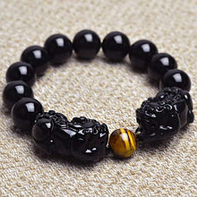 Indlæs billede til gallerivisning Natural Black and Gold Obsidian Stone Beads Bracelet Double Pixiu Chinese Fengshui Jewelry  Handmadebynepal Black Beads 10mm  