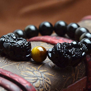 Natural Black and Gold Obsidian Stone Beads Bracelet Double Pixiu Chinese Fengshui Jewelry  Handmadebynepal   
