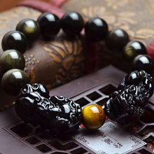 Indlæs billede til gallerivisning Natural Black and Gold Obsidian Stone Beads Bracelet Double Pixiu Chinese Fengshui Jewelry  Handmadebynepal Gold Beads 10mm  