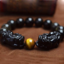 画像をギャラリービューアに読み込む, Natural Black and Gold Obsidian Stone Beads Bracelet Double Pixiu Chinese Fengshui Jewelry  Handmadebynepal   