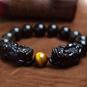 Natural Black and Gold Obsidian Stone Beads Bracelet Double Pixiu Chinese Fengshui Jewelry  Handmadebynepal   