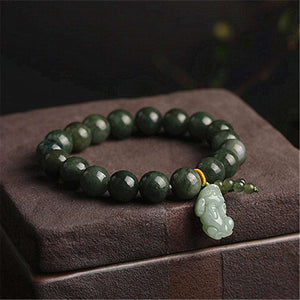 Natural Grade A Jade Jadeite Round Bead With Hand-Carved Pixiu Charm Link Bracelet Men and Women Adjustable Bangle Lucky Jewelry  Handmadebynepal   