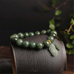 Natural Grade A Jade Jadeite Round Bead With Hand-Carved Pixiu Charm Link Bracelet Men and Women Adjustable Bangle Lucky Jewelry  Handmadebynepal   