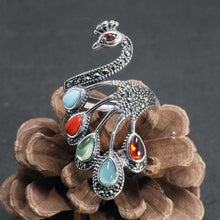Cargar imagen en el visor de la galería, Peacock Rings For Women Real Pure 925 Sterling Silver Jewelry With Red Garnet Stone Natural Black Onyx Animal Bird Ring  Handmadebynepal   