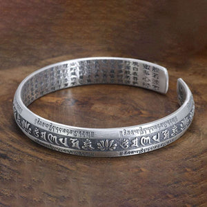 Handmadebynepal Real 999 Pure Silver Cuff Bangle Engraved Heart Sutra Six-character Mantra Retro Lovers Men and Women Bracelets Open Type  Handmadebynepal   