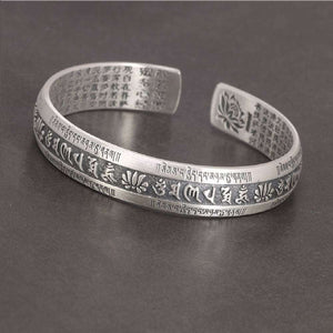 Handmadebynepal Real 999 Pure Silver Cuff Bangle Engraved Heart Sutra Six-character Mantra Retro Lovers Men and Women Bracelets Open Type  Handmadebynepal   