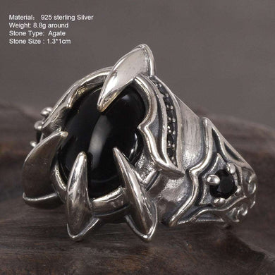 Really Pure 925 Silver Ring Cool Antique Paw Ring Men's Natural Stone Oval Black Agate Retro Hip Hop Adjustable Jewelry  Handmadebynepal   