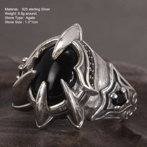 Really Pure 925 Silver Ring Cool Antique Paw Ring Men&#39;s Natural Stone Oval Black Agate Retro Hip Hop Adjustable Jewelry  Handmadebynepal   