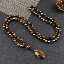 Load image into Gallery viewer, handmadebynepal Tiger Eye Stone Hematite Necklace Health Protection 108 Mala Bead Handmade Knotted Yoga Jewelry Men Women Drop Pendant Necklaces  Handmadebynepal   