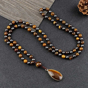 handmadebynepal Tiger Eye Stone Hematite Necklace Health Protection 108 Mala Bead Handmade Knotted Yoga Jewelry Men Women Drop Pendant Necklaces  Handmadebynepal   