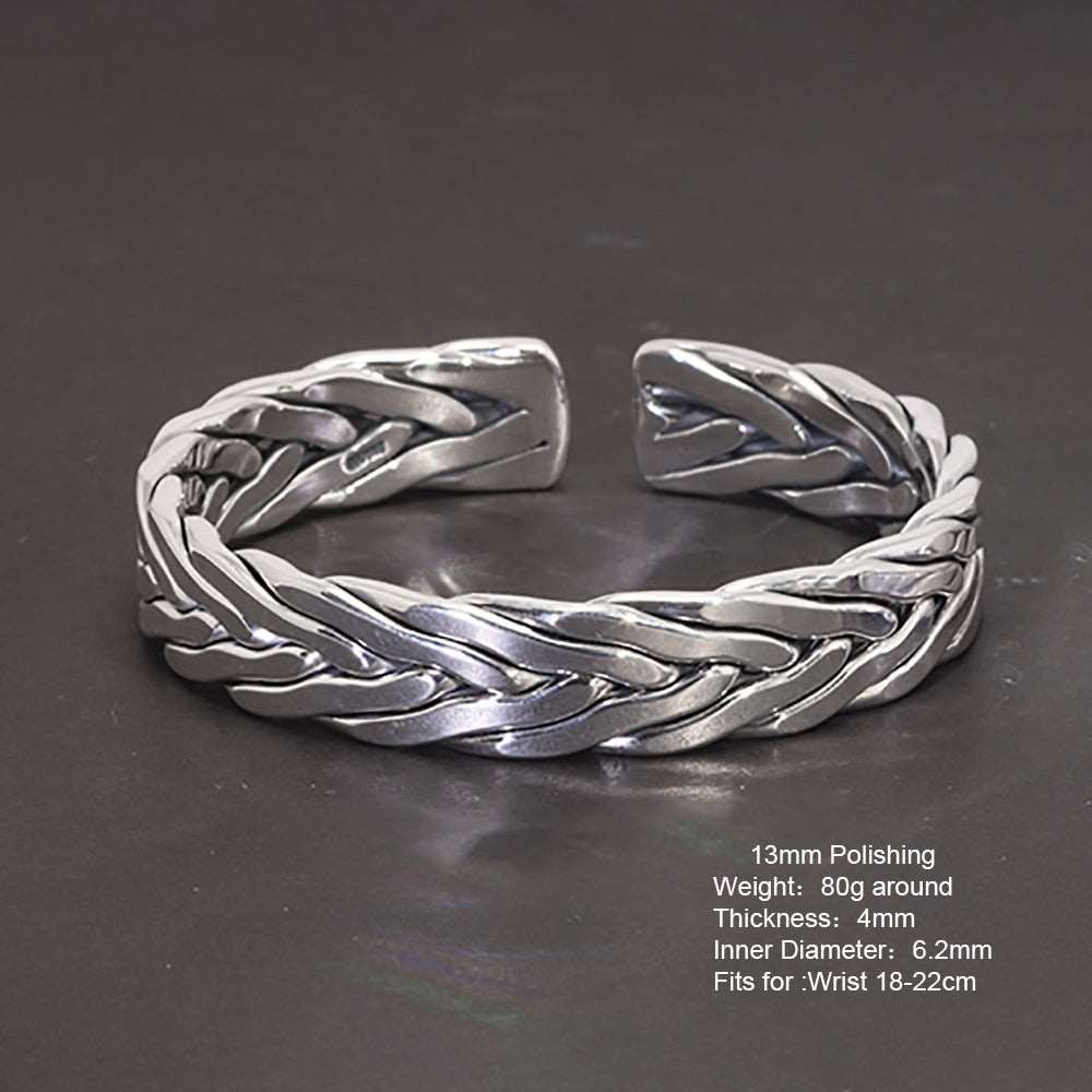 handmadebynepal Heavy 999 Sterling Silver Braided Bracelet For Men Retro Solid Thick Handmade Viking Jewelry Opening Adjustable  Handmadebynepal 13mm Polishing 80g  