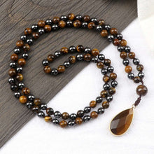 Load image into Gallery viewer, handmadebynepal Tiger Eye Stone Hematite Necklace Health Protection 108 Mala Bead Handmade Knotted Yoga Jewelry Men Women Drop Pendant Necklaces  Handmadebynepal   