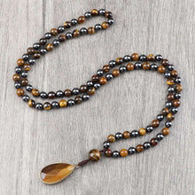 Load image into Gallery viewer, handmadebynepal Tiger Eye Stone Hematite Necklace Health Protection 108 Mala Bead Handmade Knotted Yoga Jewelry Men Women Drop Pendant Necklaces  Handmadebynepal Necklace  