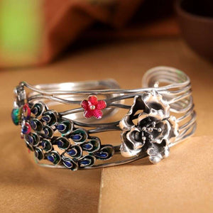 S999 Sterling Silver Bracelets for Women New Women's Fashion Peacock Flaunting its Tail Flowers Bangle Argentum Jewelry  Handmadebynepal   