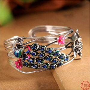 S999 Sterling Silver Bracelets for Women New Women's Fashion Peacock Flaunting its Tail Flowers Bangle Argentum Jewelry  Handmadebynepal Default  