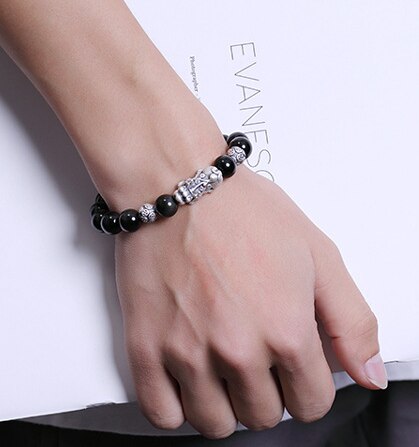 Real S925 Silver Jewelry National Style Obsidian Brave Troops Good personality Lovers Hand String Man and Woman  Bracelet  Handmadebynepal 10mm 16cm   B  