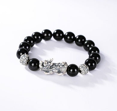 Real S925 Silver Jewelry National Style Obsidian Brave Troops Good personality Lovers Hand String Man and Woman  Bracelet  Handmadebynepal 12mm 18cm  B  