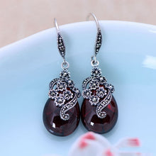画像をギャラリービューアに読み込む, Vintage Dangling Earrings Real 925 Sterling Silver Jewelry Natural Garnet Red Stone Carved Flower Drop Shaped Earrings for Women  Handmadebynepal Garnet  