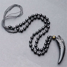 Carica l&#39;immagine nel visualizzatore di Gallery, Nature Obsidian Wolf Tooth Pendant Necklaces Lucky Beaded Rope Couple Necklaces Black and Ice Obsidian Amulets Necklaces Jewelry  genevierejoy Black Adjustable 