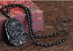 Natural Black Obsidian Dragon Drop Pendant Amulet Lucky Maitreya Auspicious Necklace Jewelry for Women Men  genevierejoy beads necklace  