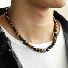 Cargar imagen en el visor de la galería, 8mm Natural Stone Tiger Eyes Lava Bead Necklace Stainless Steel Beaded Charm Choker Neck Chain Fashion Male Jewelry 20inch  Handmadebynepal   