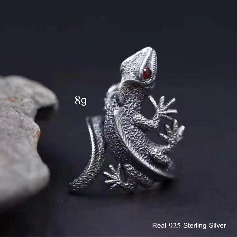 handmadebynepal 925 Sterling Silver Male Finger Ring Gray Lizard Red Crystal Stone Animal Unique Rock Punk Jewelry Ring for Men Women  Handmadebynepal   