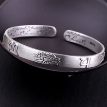 Load image into Gallery viewer, handmadebynepal 999 Sterling Silver Lotus Bangle Six Words Embossed Opening Cuff Bracelet For Women Mantra Buddhist Jewelry  Handmadebynepal   