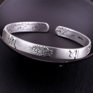 handmadebynepal 999 Sterling Silver Lotus Bangle Six Words Embossed Opening Cuff Bracelet For Women Mantra Buddhist Jewelry  Handmadebynepal   