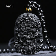 Laden Sie das Bild in den Galerie-Viewer, Black Obsidian Carved Dragon Lucky Amulets And Talismans Natural Stone Pendant With Free Beads Chain For Men Jewelry  Handmadebynepal TypeC  