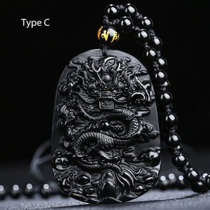 Black Obsidian Carved Dragon Lucky Amulets And Talismans Natural Stone Pendant With Free Beads Chain For Men Jewelry  Handmadebynepal TypeC  