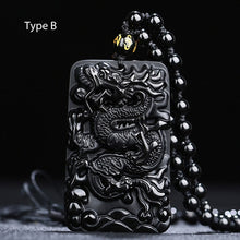 Cargar imagen en el visor de la galería, Black Obsidian Carved Dragon Lucky Amulets And Talismans Natural Stone Pendant With Free Beads Chain For Men Jewelry  Handmadebynepal TypeB  
