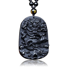 Laden Sie das Bild in den Galerie-Viewer, Black Obsidian Carved Dragon Lucky Amulets And Talismans Natural Stone Pendant With Free Beads Chain For Men Jewelry  Handmadebynepal   