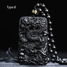 Indlæs billede til gallerivisning Black Obsidian Carved Dragon Lucky Amulets And Talismans Natural Stone Pendant With Free Beads Chain For Men Jewelry  Handmadebynepal   